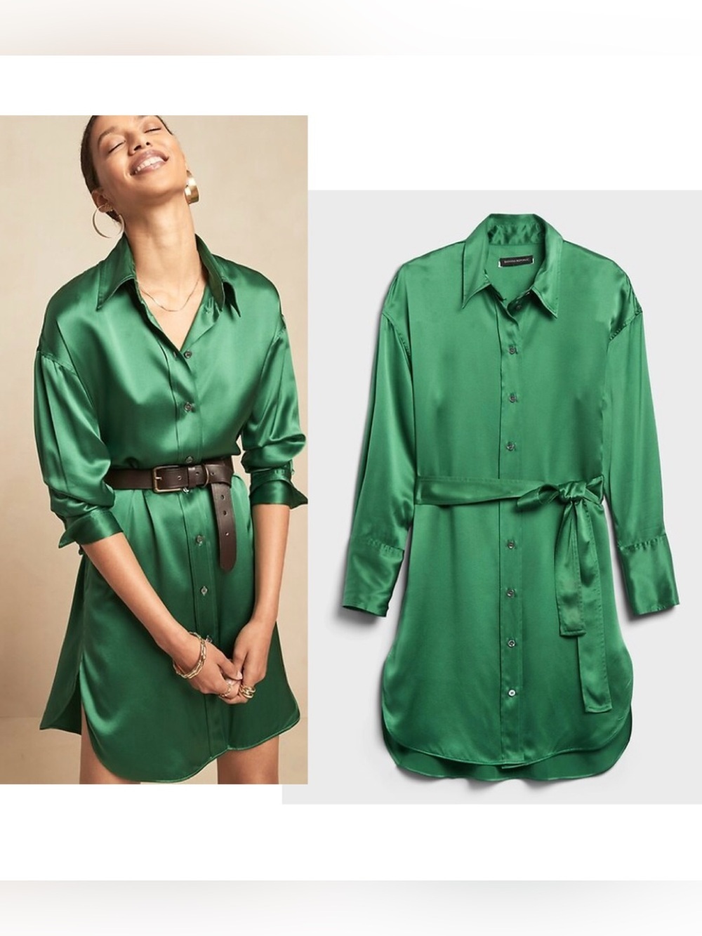 Banana republic Emerald green 100% silk muse shirt dress belted Sz M NWOT